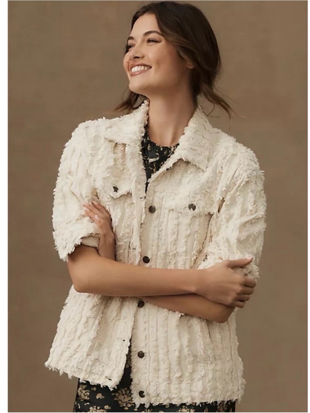 Pilcro Ivory Textured Short-Sleeve Jean Jacket